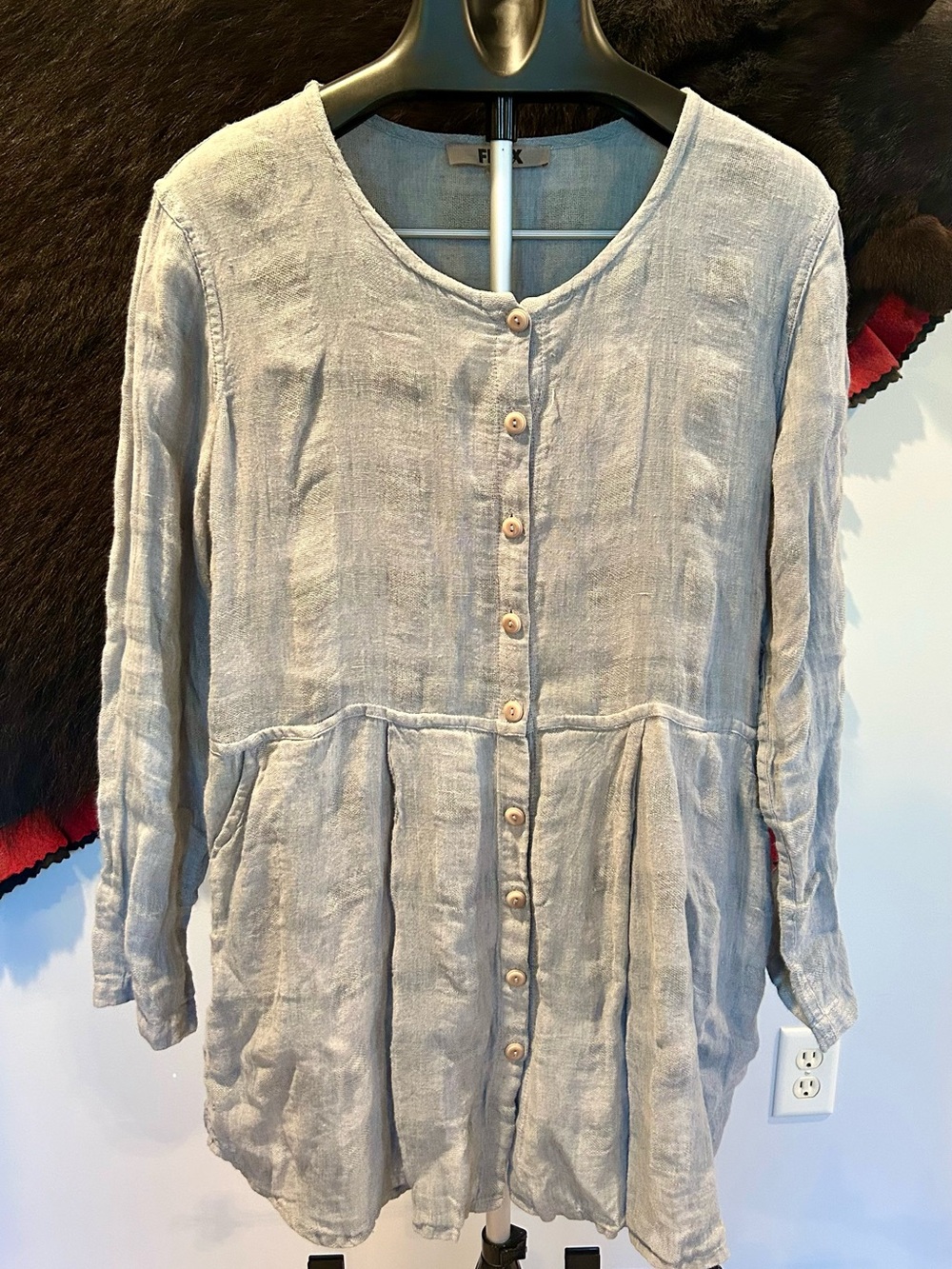 Flax Linen Light Gray/Green Button-Front Linen Tunic or Mini Dress Sz M